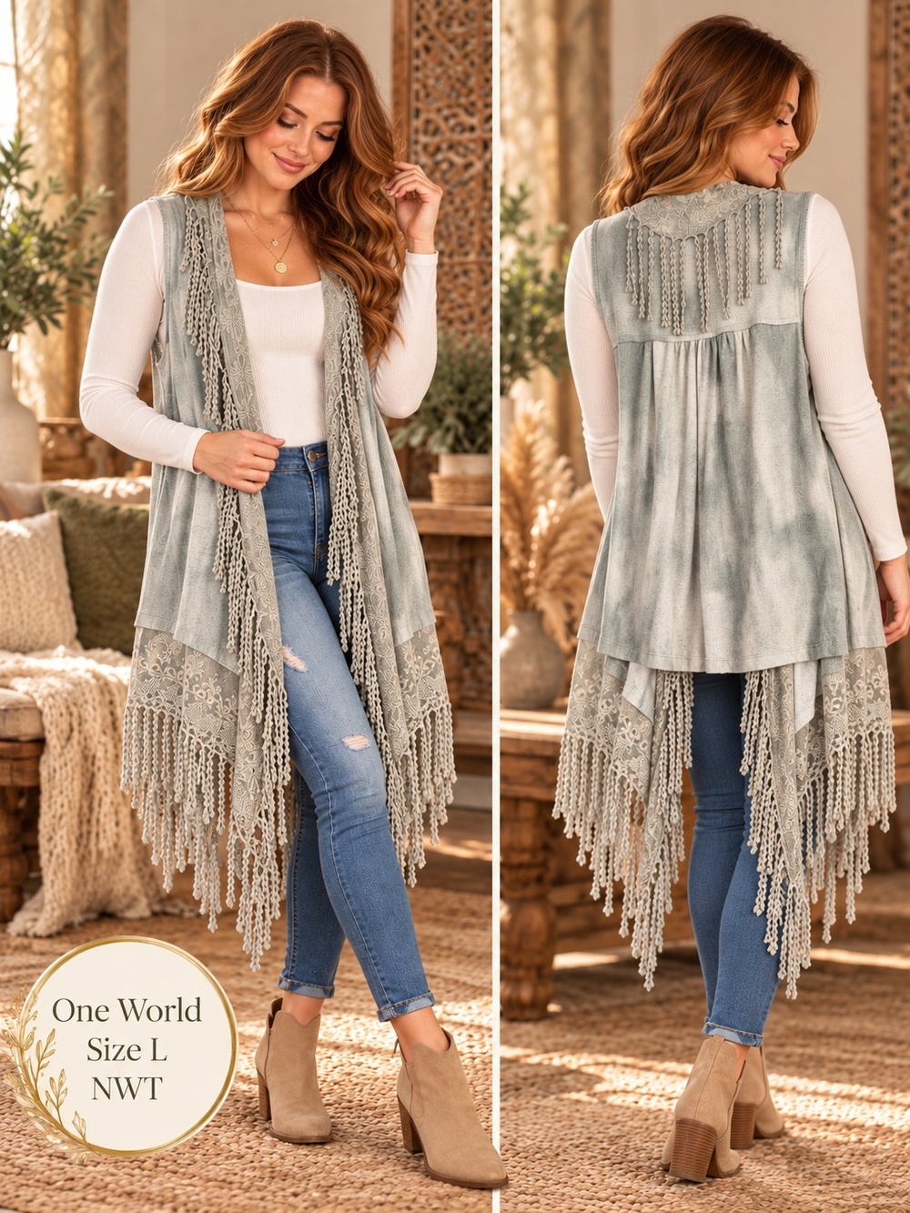 One World NWT Sage Lace Fringe Duster Vest Boho Size L